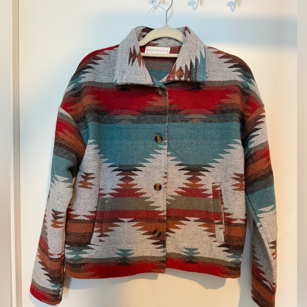 Southwestern-Pattern Aztec Utility Jacket in Red, Teal & Brown